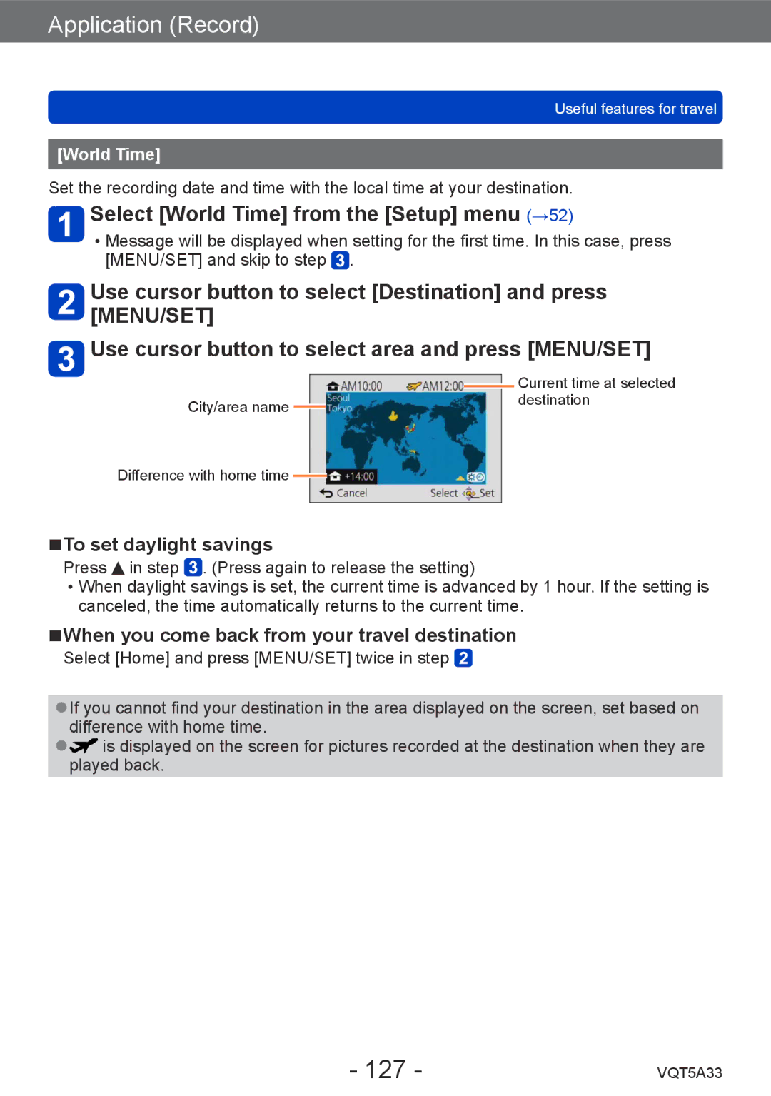 Panasonic DMCLF1W, DMC-LF1K owner manual 127, Select World Time from the Setup menu →52, To set daylight savings 