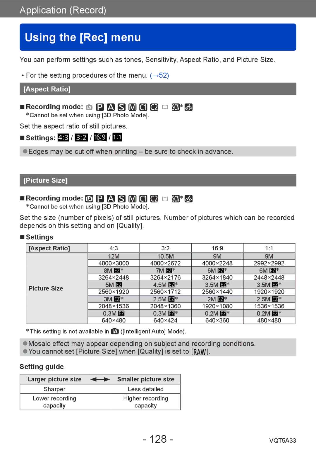 Panasonic DMC-LF1K, DMCLF1W owner manual Using the Rec menu, 128, Aspect Ratio, Picture Size, Setting guide 