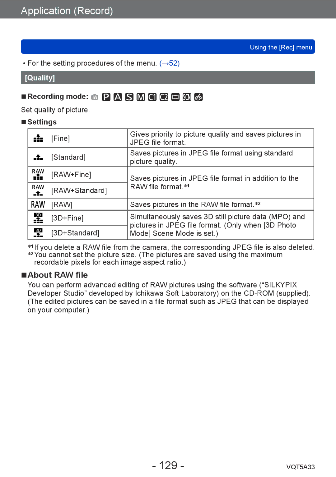 Panasonic DMCLF1W, DMC-LF1K owner manual 129, About RAW file, Quality, Recording mode Set quality of picture Settings 