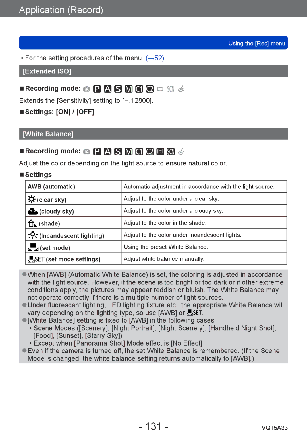 Panasonic DMCLF1W, DMC-LF1K owner manual 131, Extended ISO, White Balance 