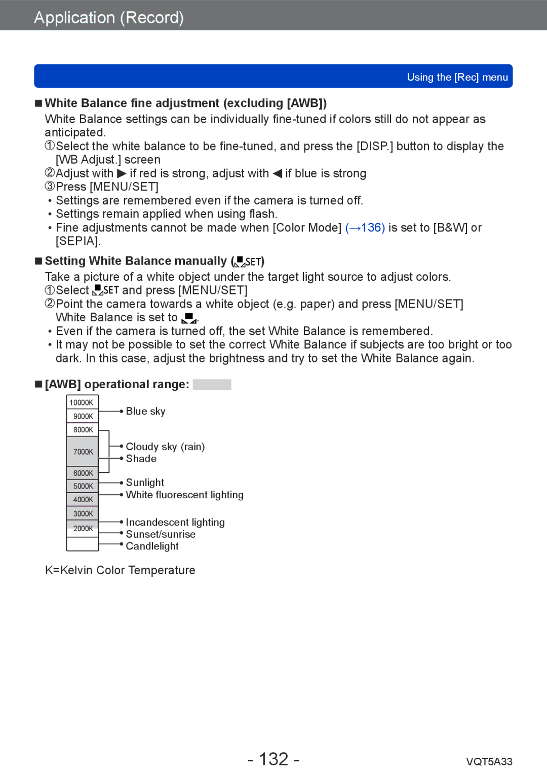 Panasonic DMC-LF1K 132, White Balance fine adjustment excluding AWB, Setting White Balance manually, AWB operational range 