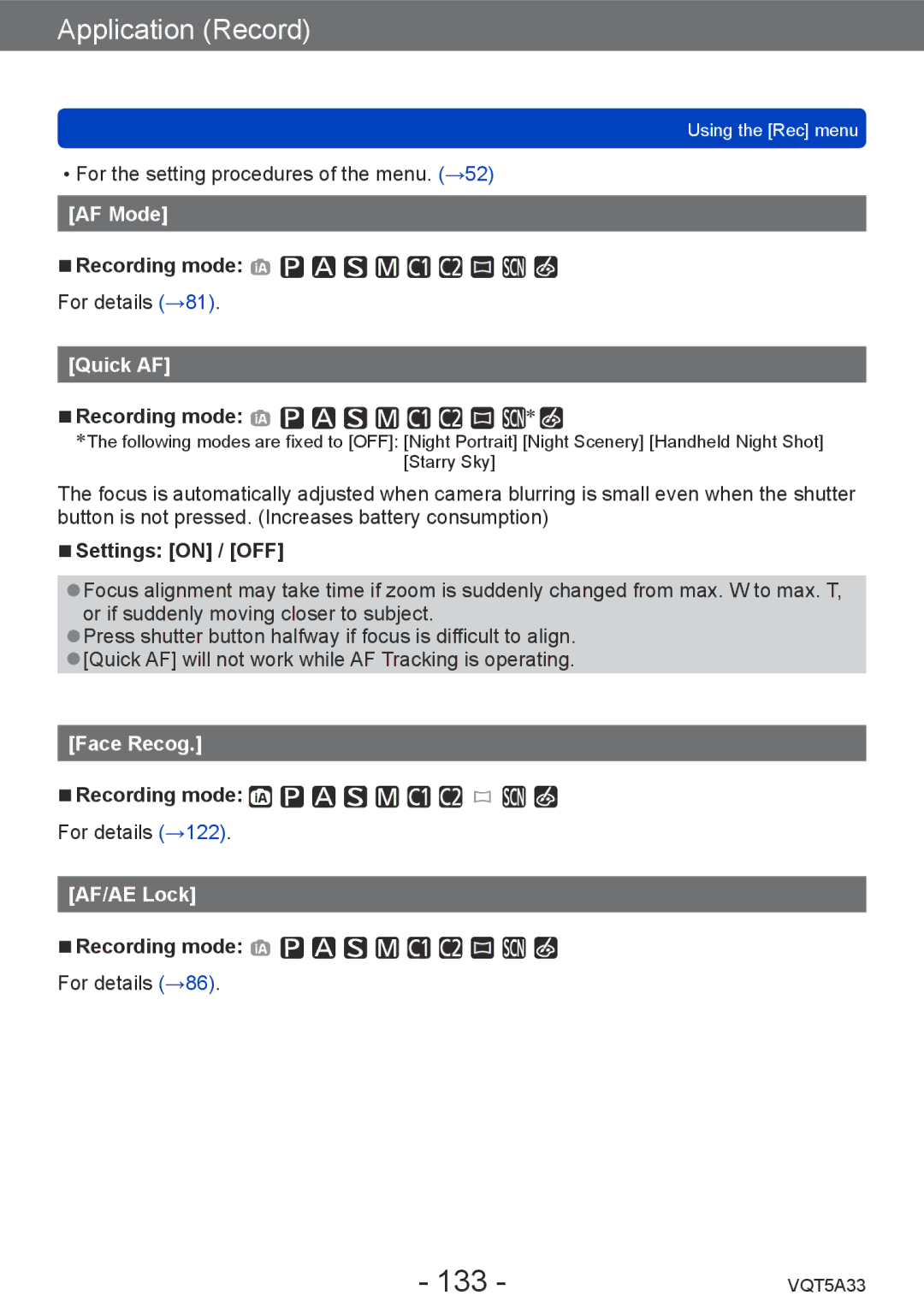 Panasonic DMCLF1W, DMC-LF1K owner manual 133, AF Mode, Quick AF, Face Recog, AF/AE Lock 