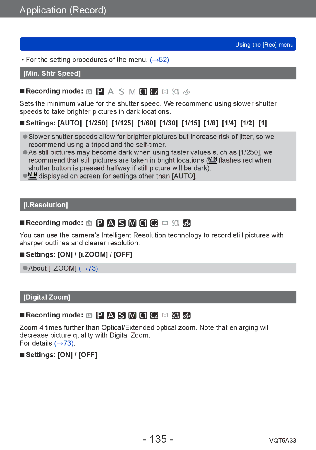 Panasonic DMCLF1W, DMC-LF1K owner manual 135, Min. Shtr Speed, Resolution, Digital Zoom 