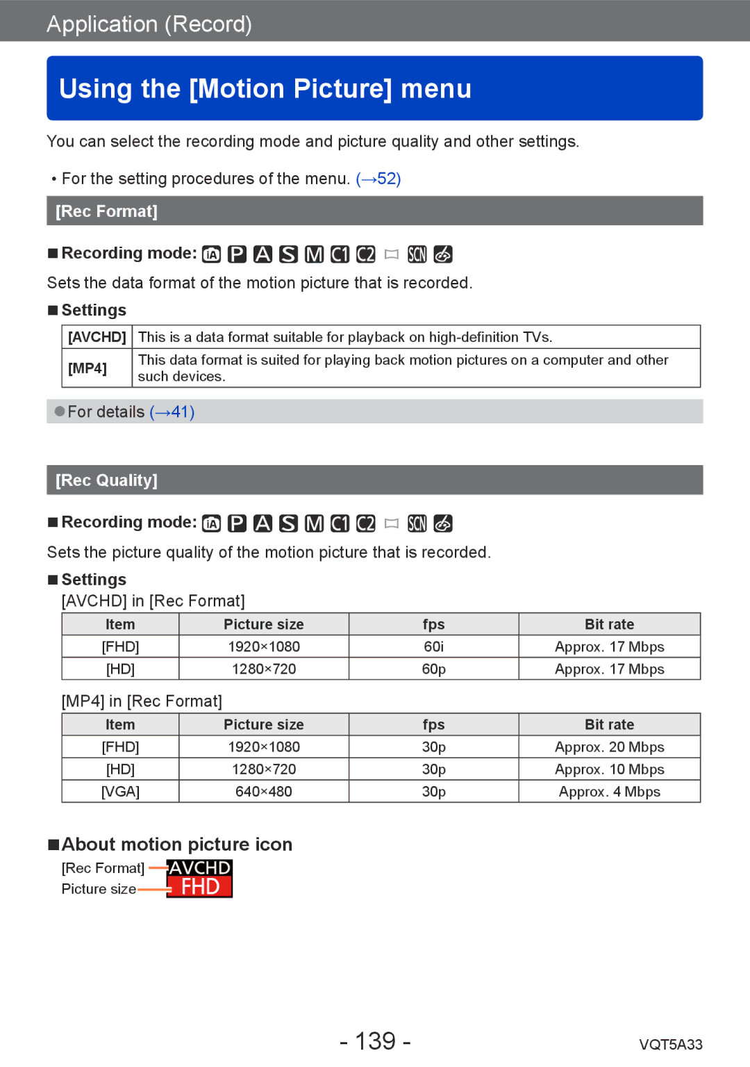 Panasonic DMCLF1W, DMC-LF1K owner manual Using the Motion Picture menu, 139, Rec Format, Rec Quality 