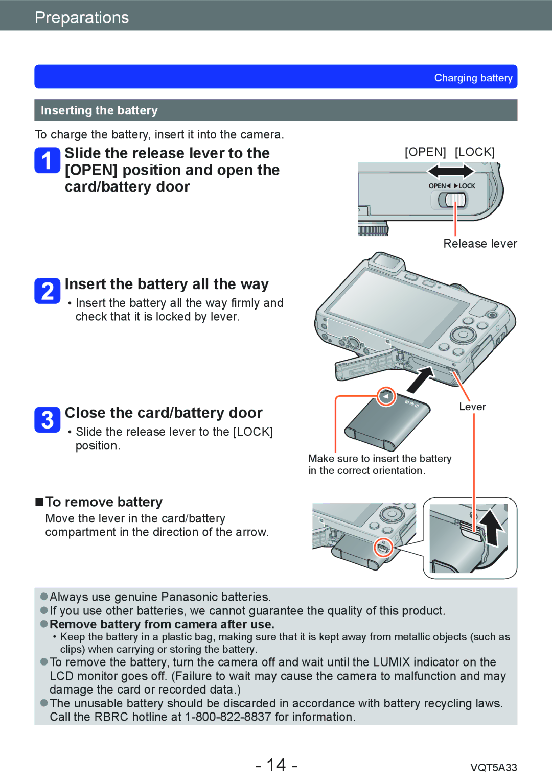 Panasonic DMC-LF1K Insert the battery all the way, Close the card/battery door, To remove battery, Inserting the battery 