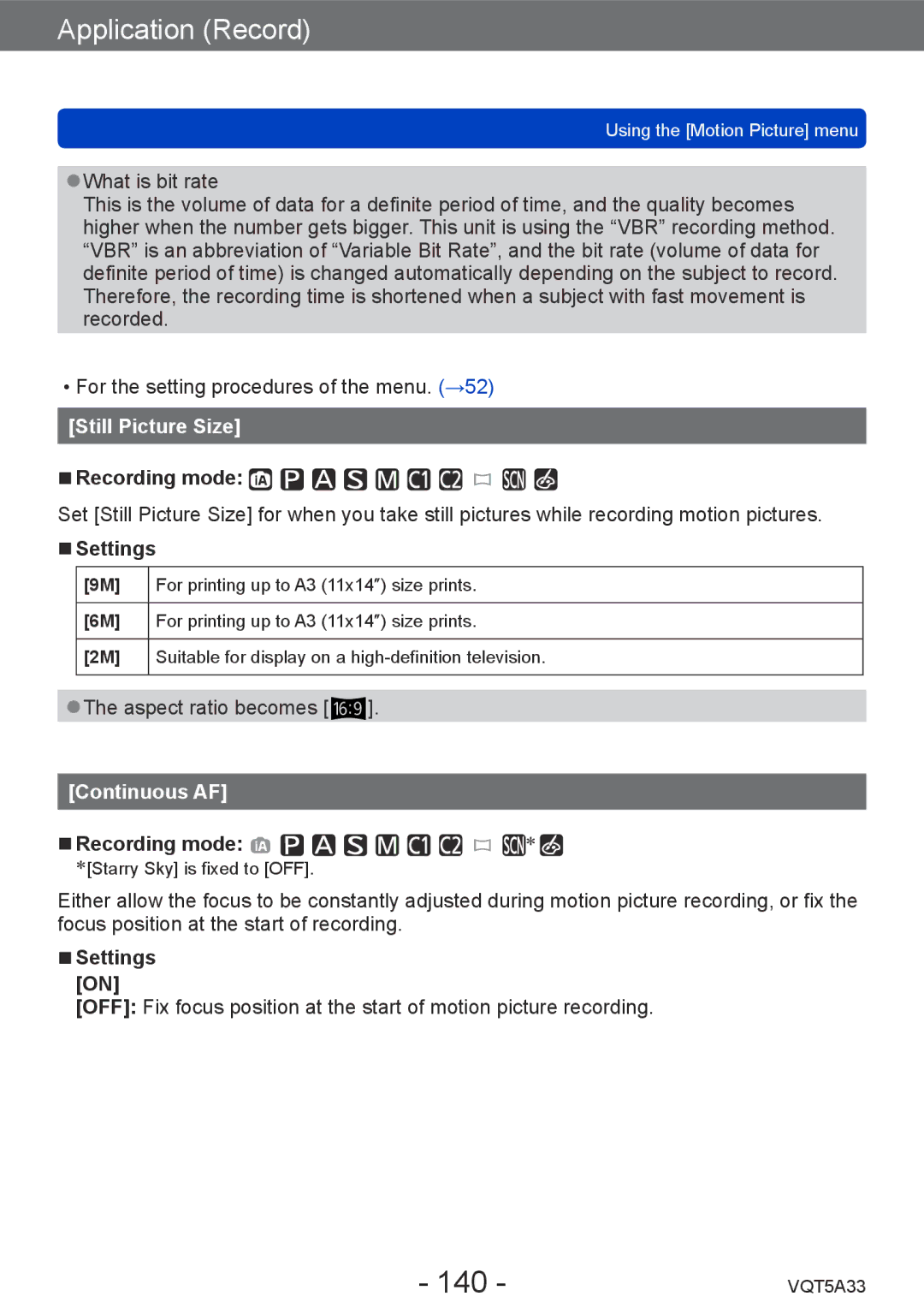 Panasonic DMC-LF1K, DMCLF1W owner manual 140, Still Picture Size, Continuous AF, Settings on 