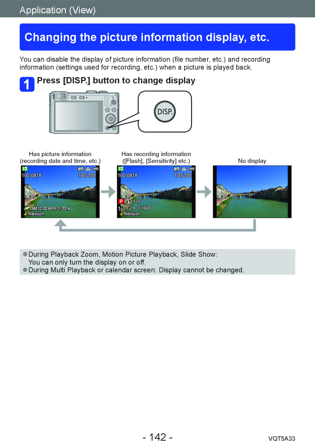 Panasonic DMC-LF1K, DMCLF1W owner manual Changing the picture information display, etc, 142 