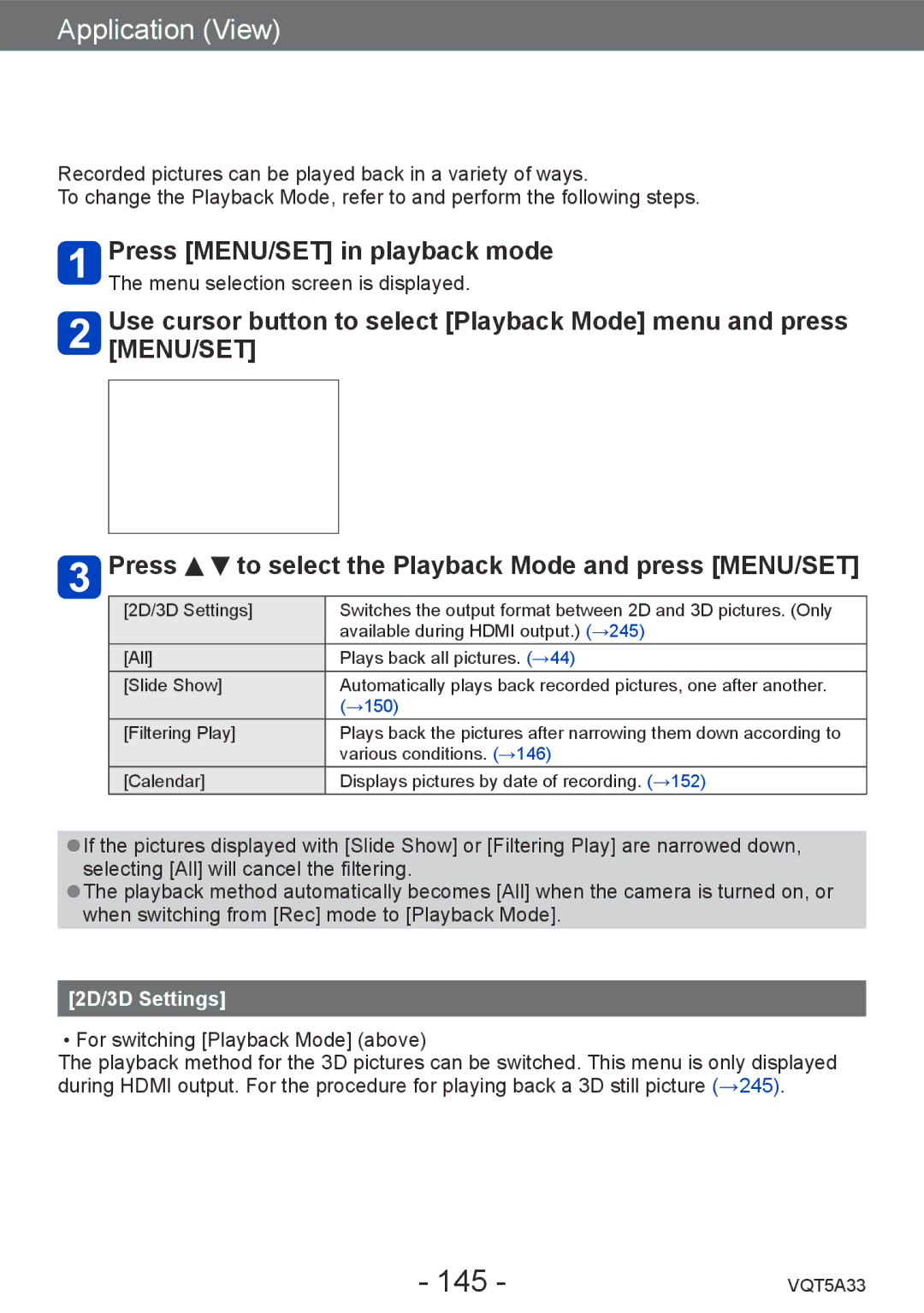 Panasonic DMCLF1W, DMC-LF1K Different playback methods Playback Mode, 145, Press MENU/SET in playback mode, 2D/3D Settings 