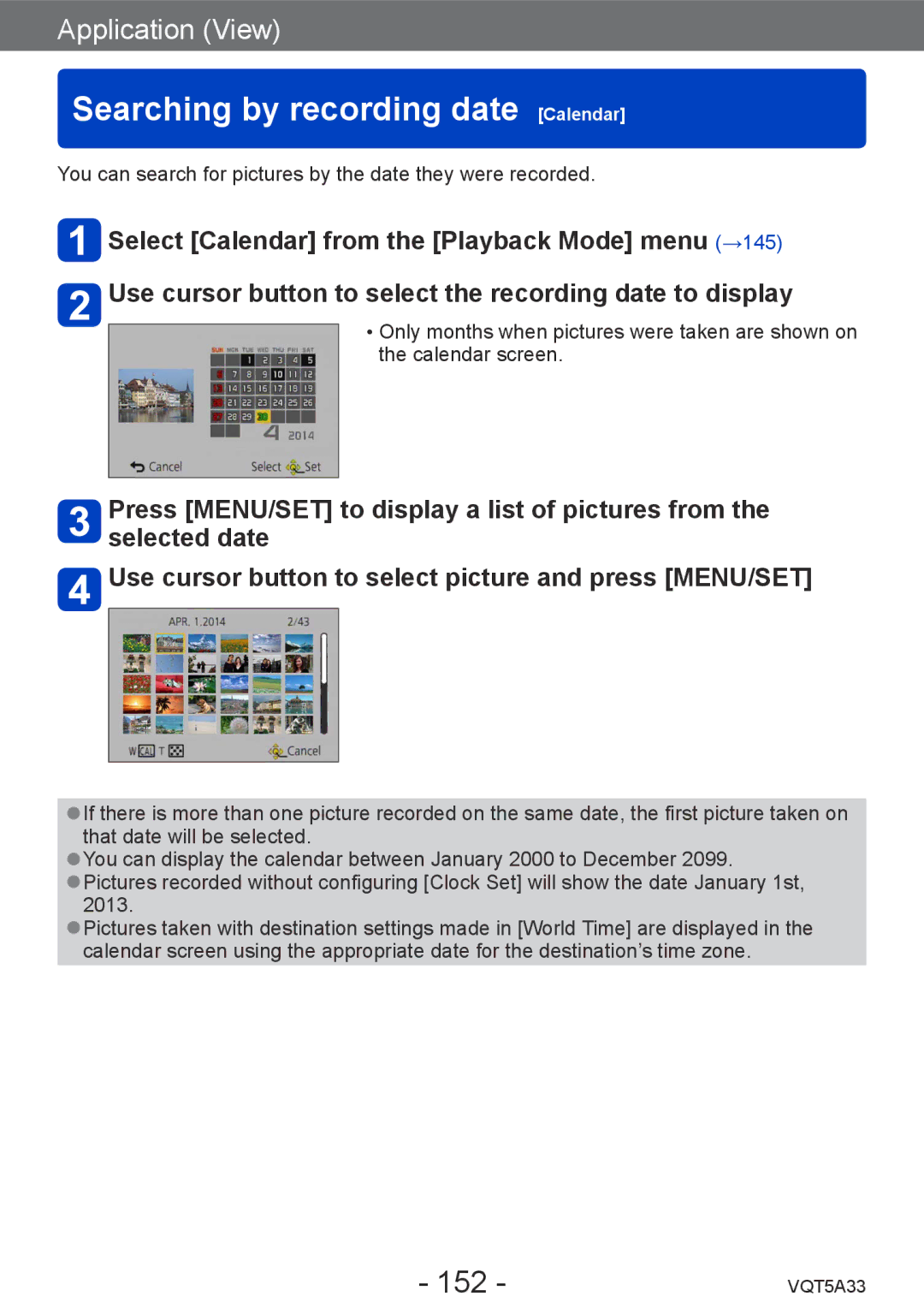 Panasonic DMC-LF1K, DMCLF1W owner manual Searching by recording date Calendar, 152 