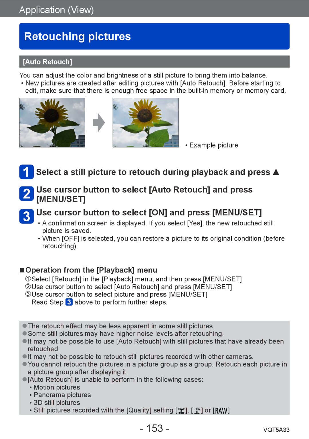 Panasonic DMCLF1W, DMC-LF1K owner manual Retouching pictures, 153, Operation from the Playback menu, Auto Retouch 