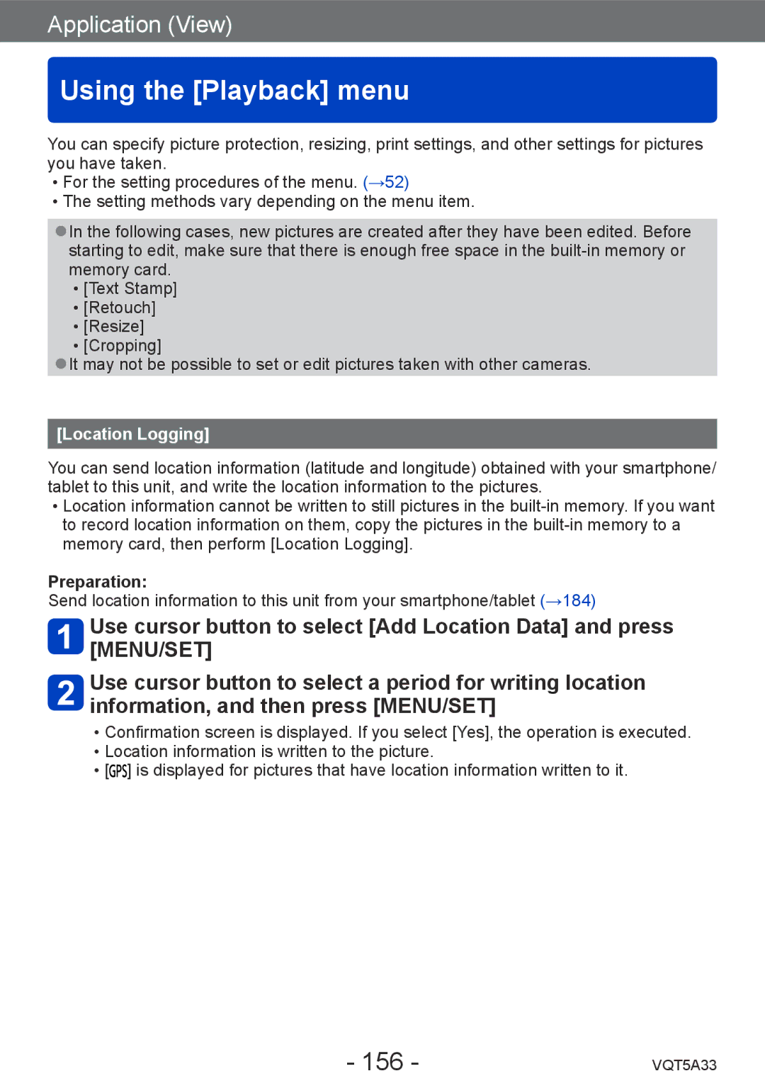 Panasonic DMC-LF1K, DMCLF1W owner manual Using the Playback menu, 156, Location Logging 