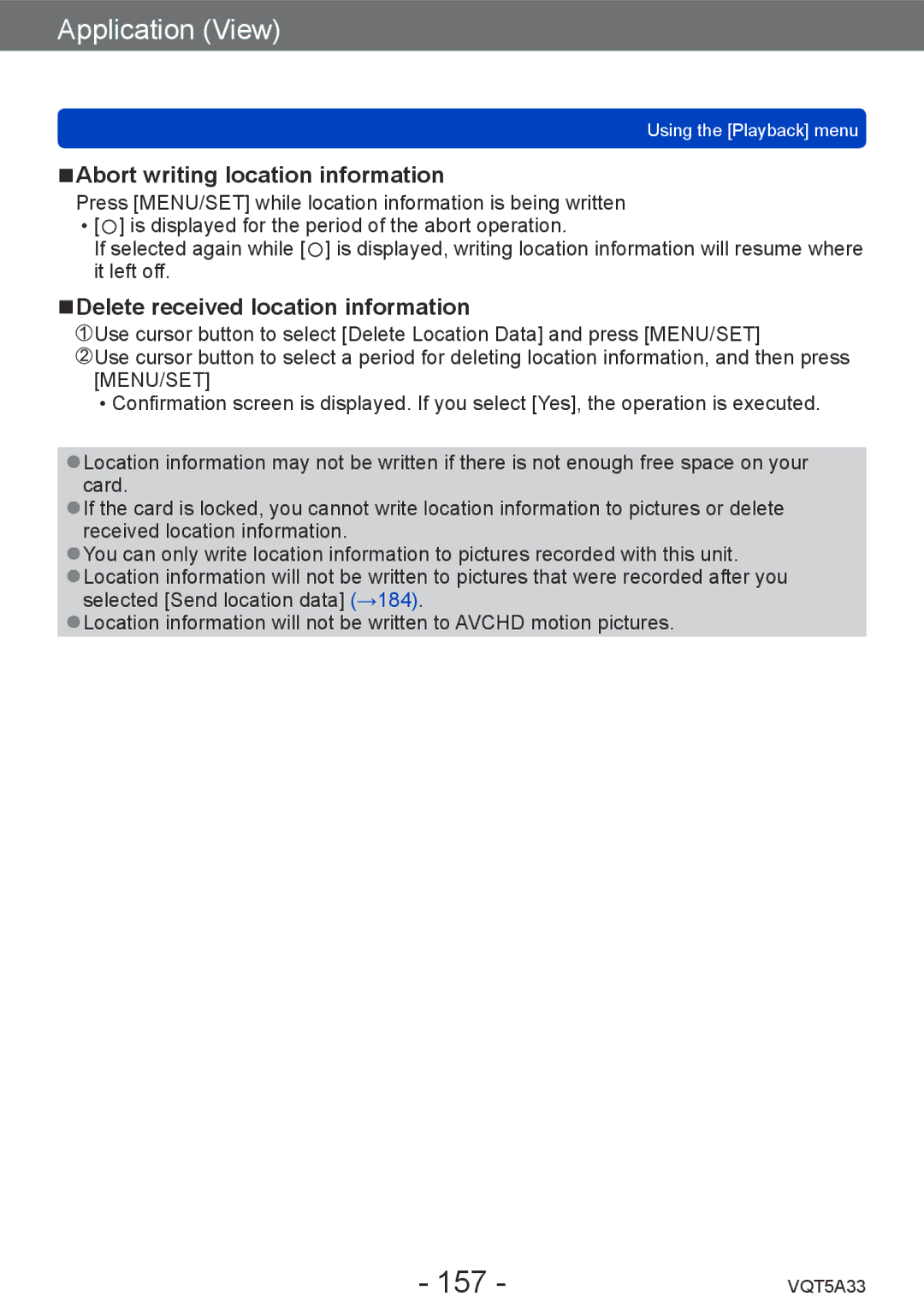 Panasonic DMCLF1W, DMC-LF1K owner manual 157, Abort writing location information, Delete received location information 