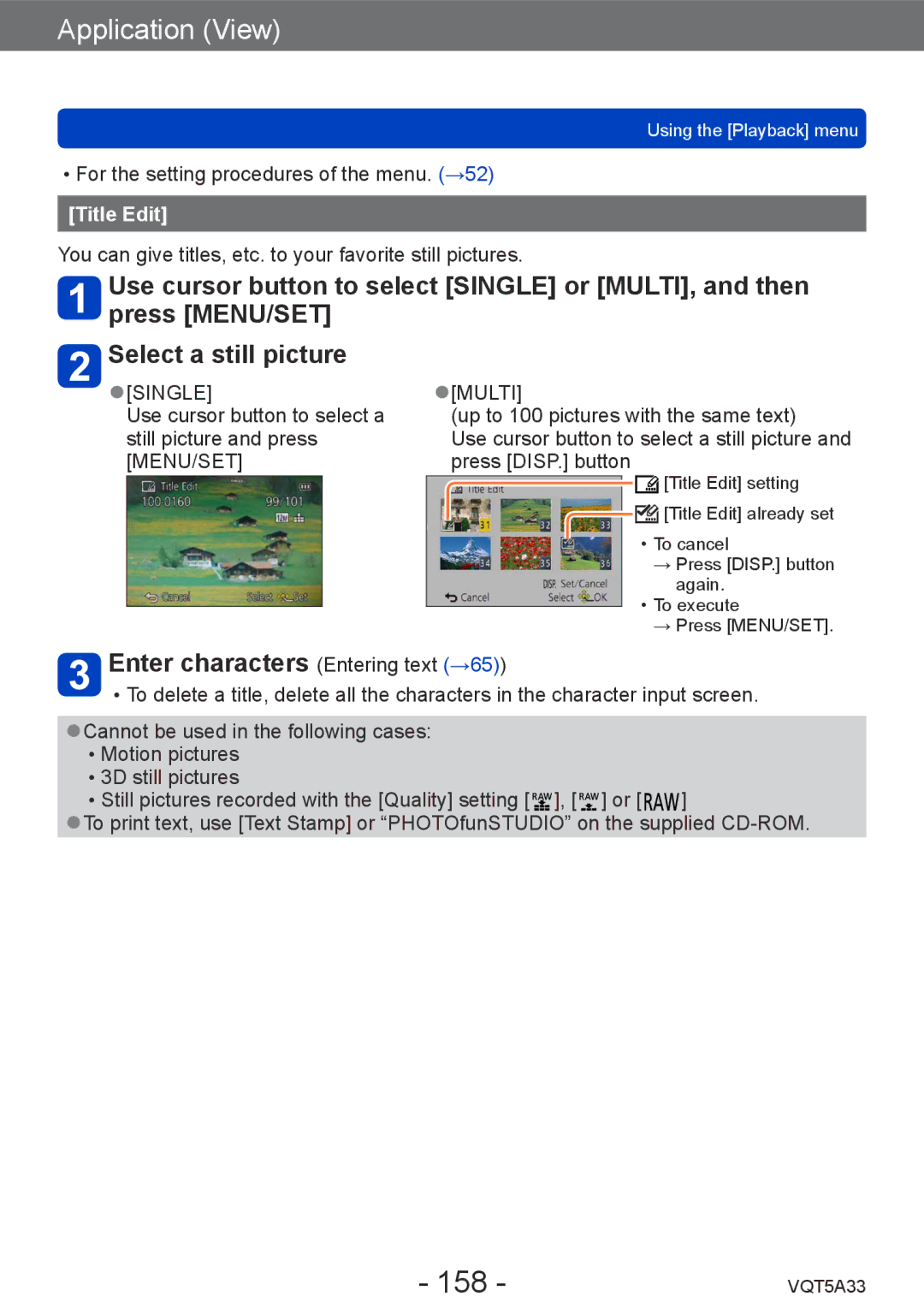 Panasonic DMC-LF1K, DMCLF1W owner manual 158, Enter characters Entering text →65, Title Edit 