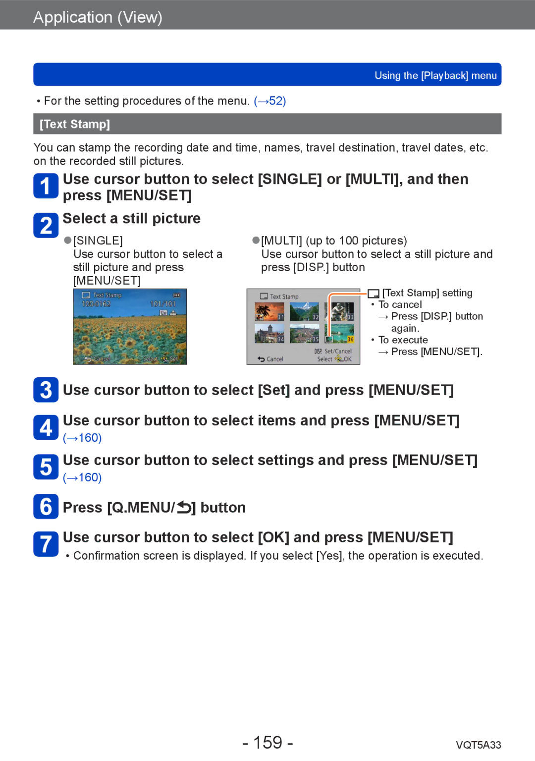 Panasonic DMCLF1W, DMC-LF1K owner manual 159, Use cursor button to select settings and press MENU/SET, Text Stamp 