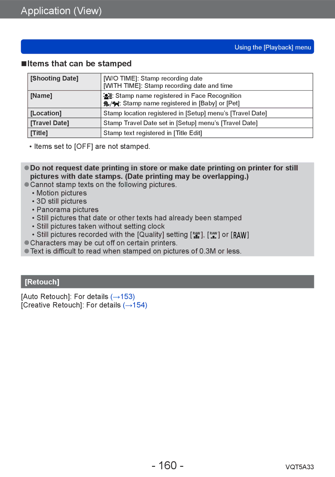 Panasonic DMC-LF1K, DMCLF1W owner manual 160, Items that can be stamped, Retouch 