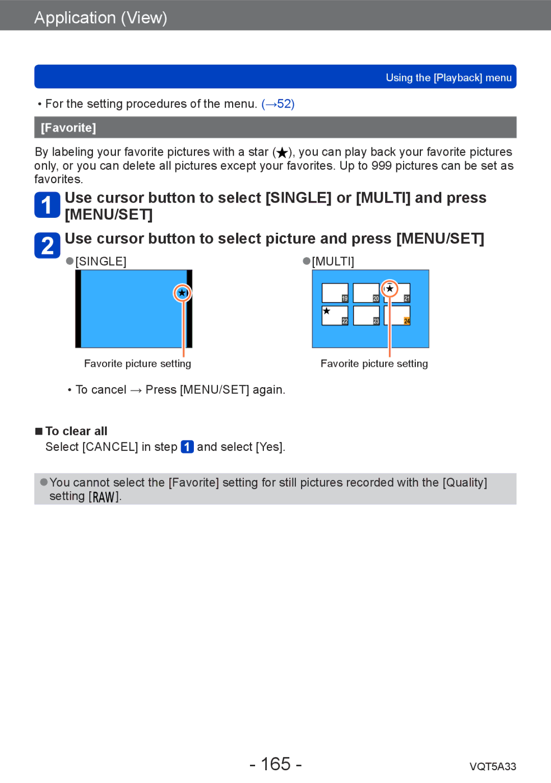 Panasonic DMCLF1W, DMC-LF1K owner manual 165, Favorite, To clear all 