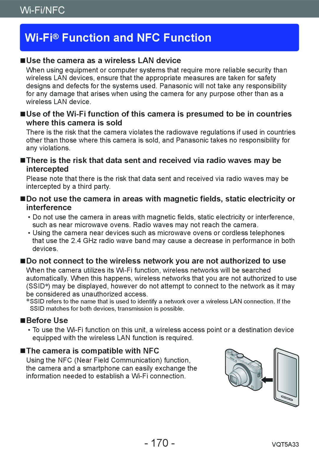 Panasonic DMC-LF1K, DMCLF1W Wi-FiFunction and NFC Function, 170, Use the camera as a wireless LAN device, Before Use 