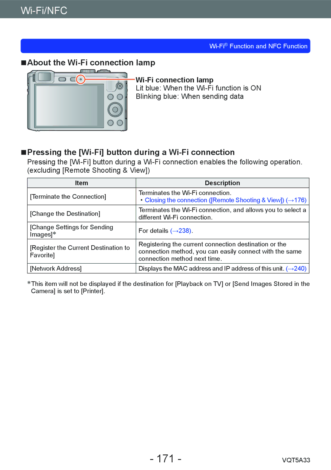 Panasonic DMCLF1W, DMC-LF1K 171, About the Wi-Fi connection lamp, Pressing the Wi-Fi button during a Wi-Fi connection 