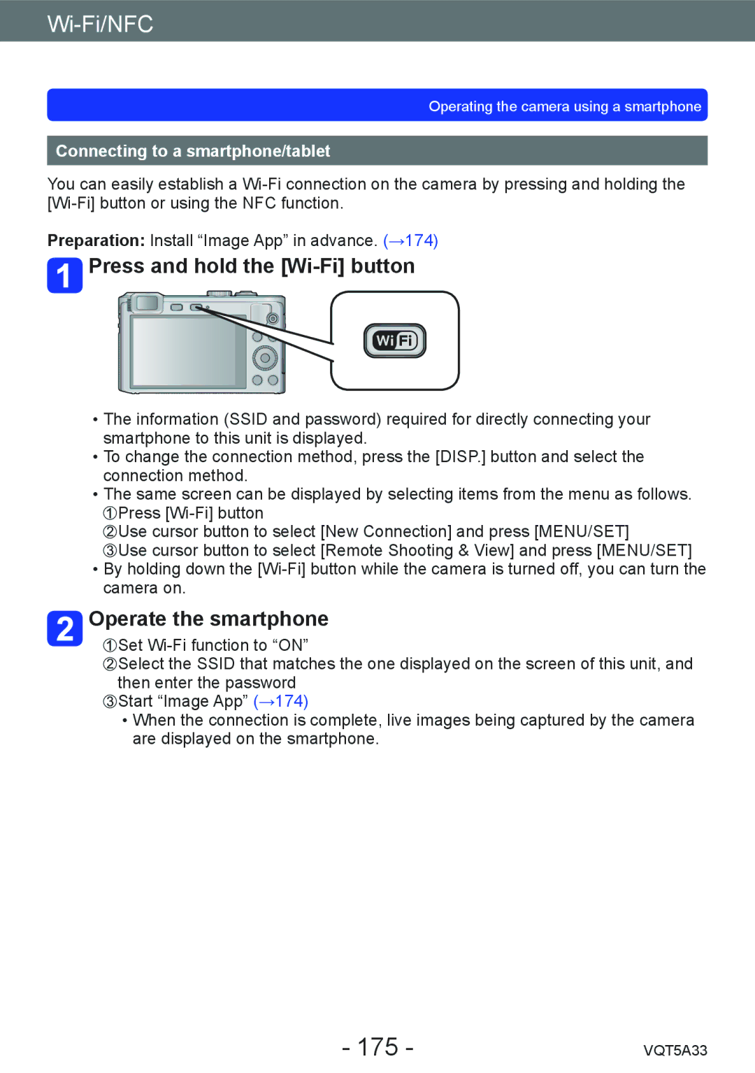 Panasonic DMCLF1W 175, Press and hold the Wi-Fi button, Operate the smartphone, Connecting to a smartphone/tablet 