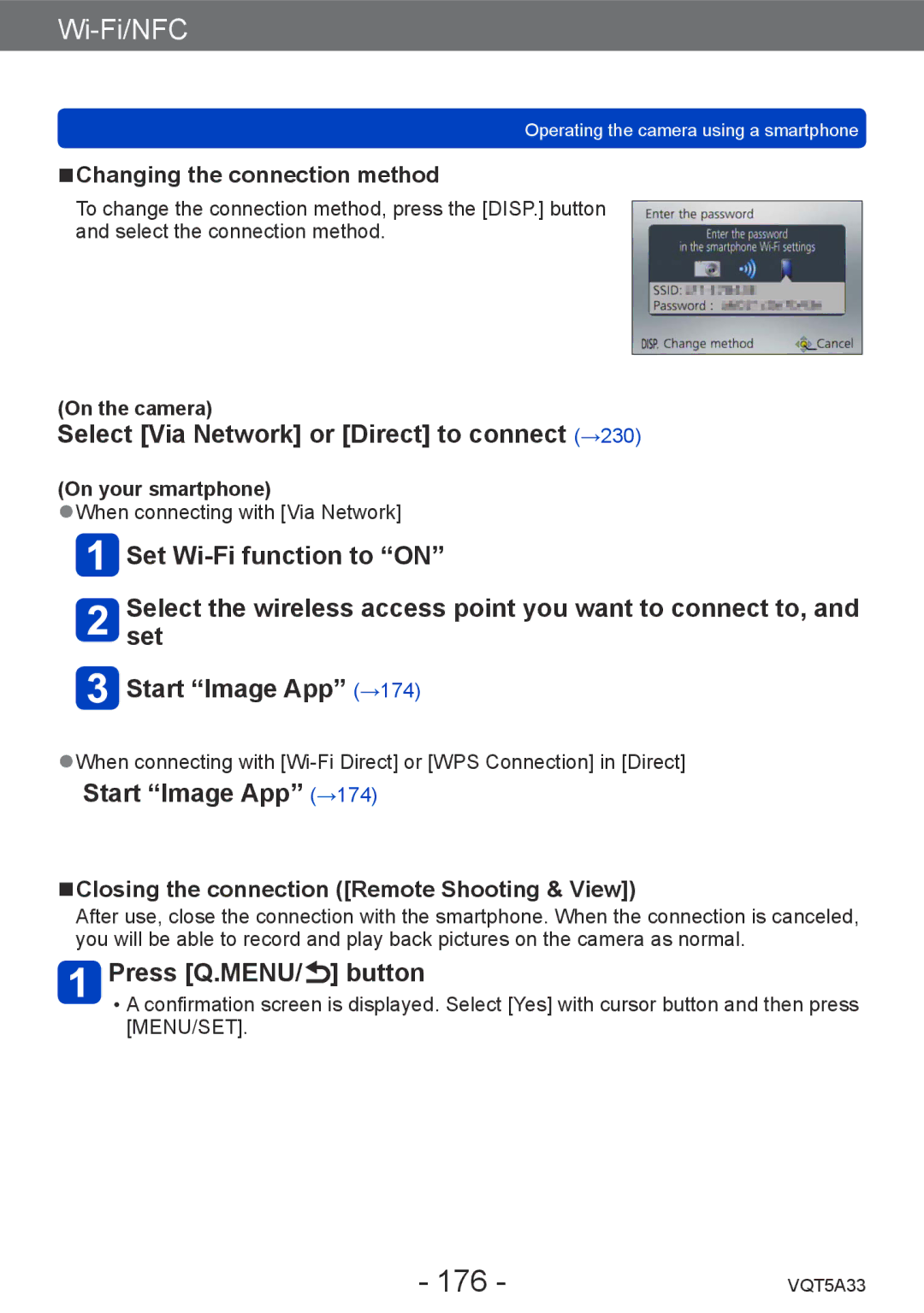 Panasonic DMC-LF1K 176, Select Via Network or Direct to connect →230, Press Q.MENU/ button, Changing the connection method 