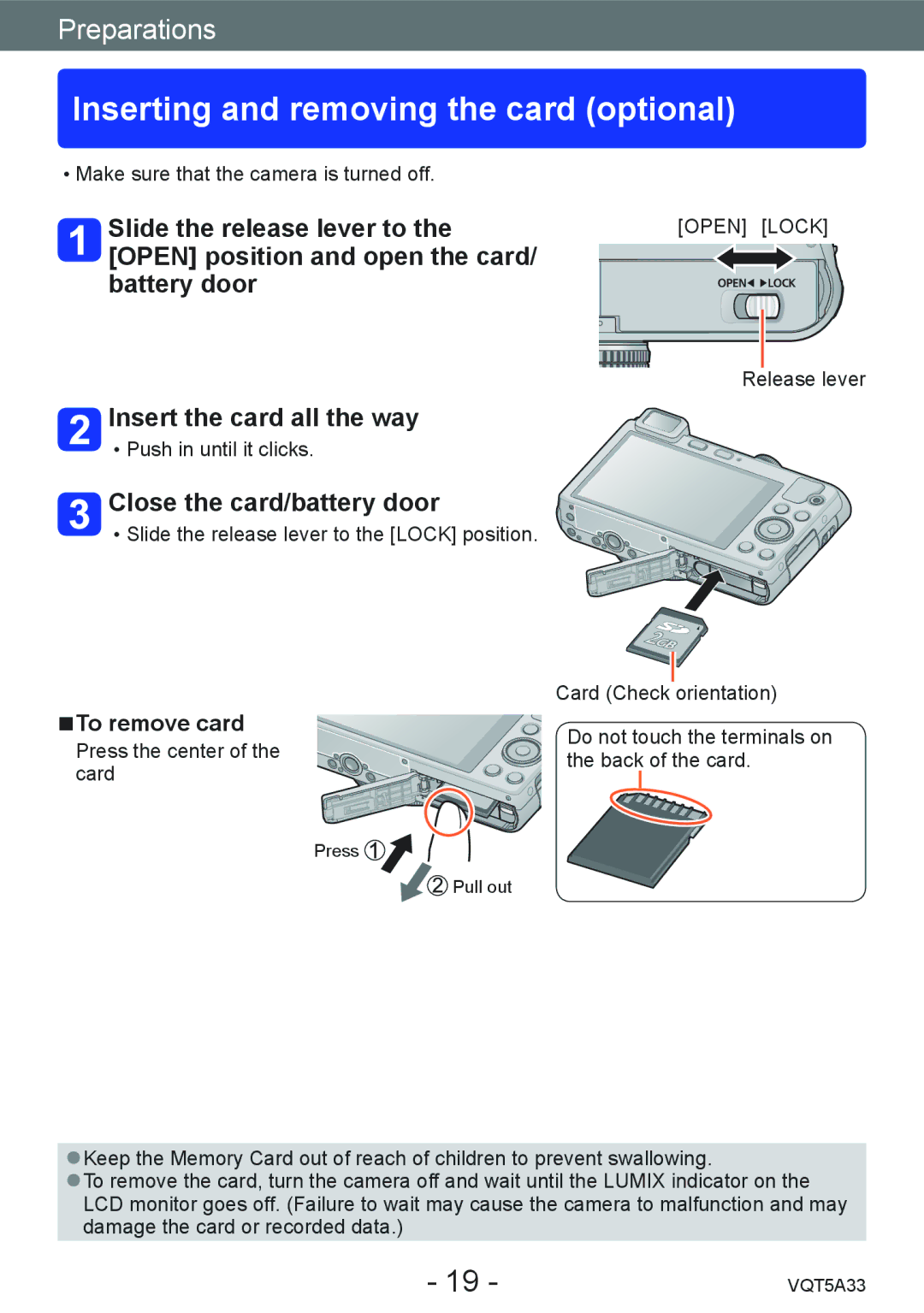 Panasonic DMCLF1W Inserting and removing the card optional, Slide the release lever to, Insert the card all the way 