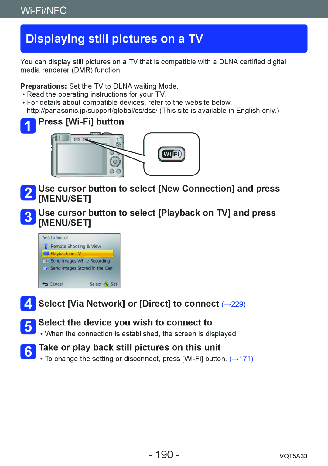 Panasonic DMC-LF1K, DMCLF1W Displaying still pictures on a TV, 190, Take or play back still pictures on this unit 