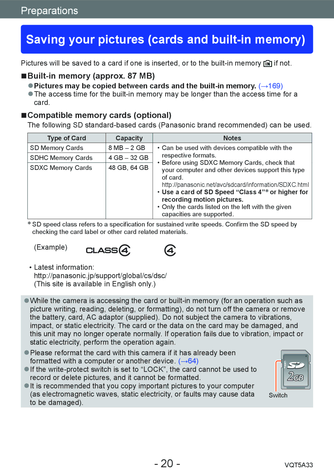 Panasonic DMC-LF1K Saving your pictures cards and built-in memory, Built-in memory approx MB, Type of Card Capacity 