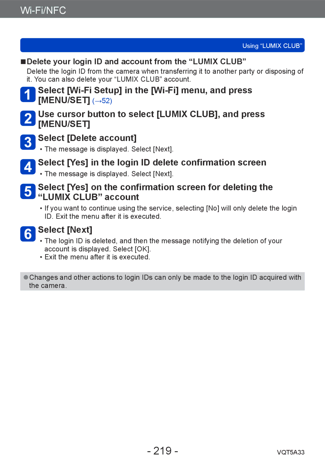 Panasonic DMCLF1W, DMC-LF1K owner manual 219, Select Yes in the login ID delete confirmation screen, Select Next 