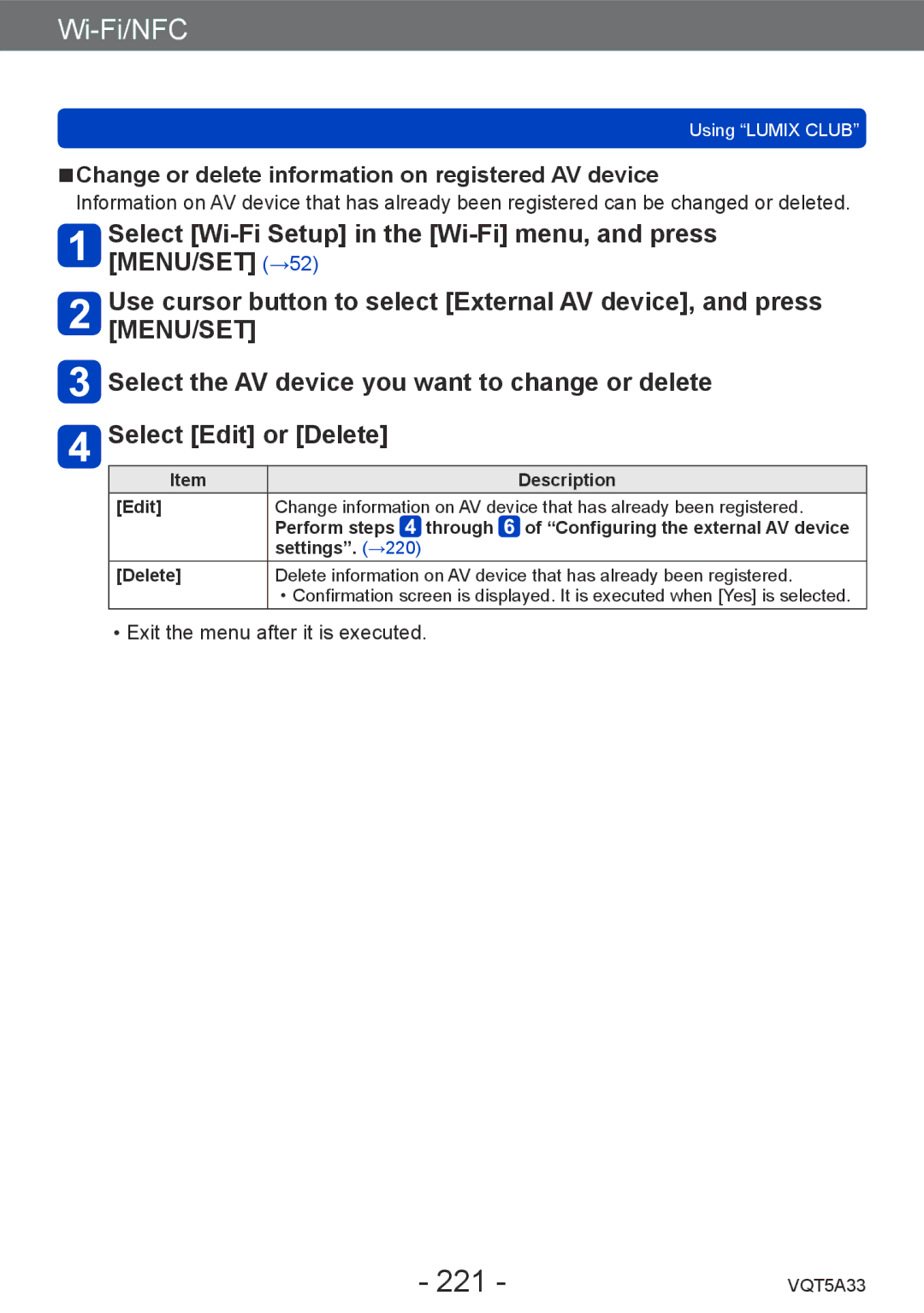 Panasonic DMCLF1W, DMC-LF1K owner manual 221, Change or delete information on registered AV device 