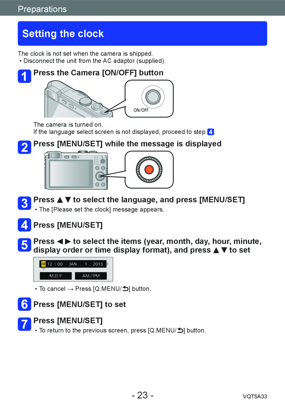 Panasonic DMCLF1W, DMC-LF1K owner manual Setting the clock, Press the Camera ON/OFF button, Press MENU/SET to set 