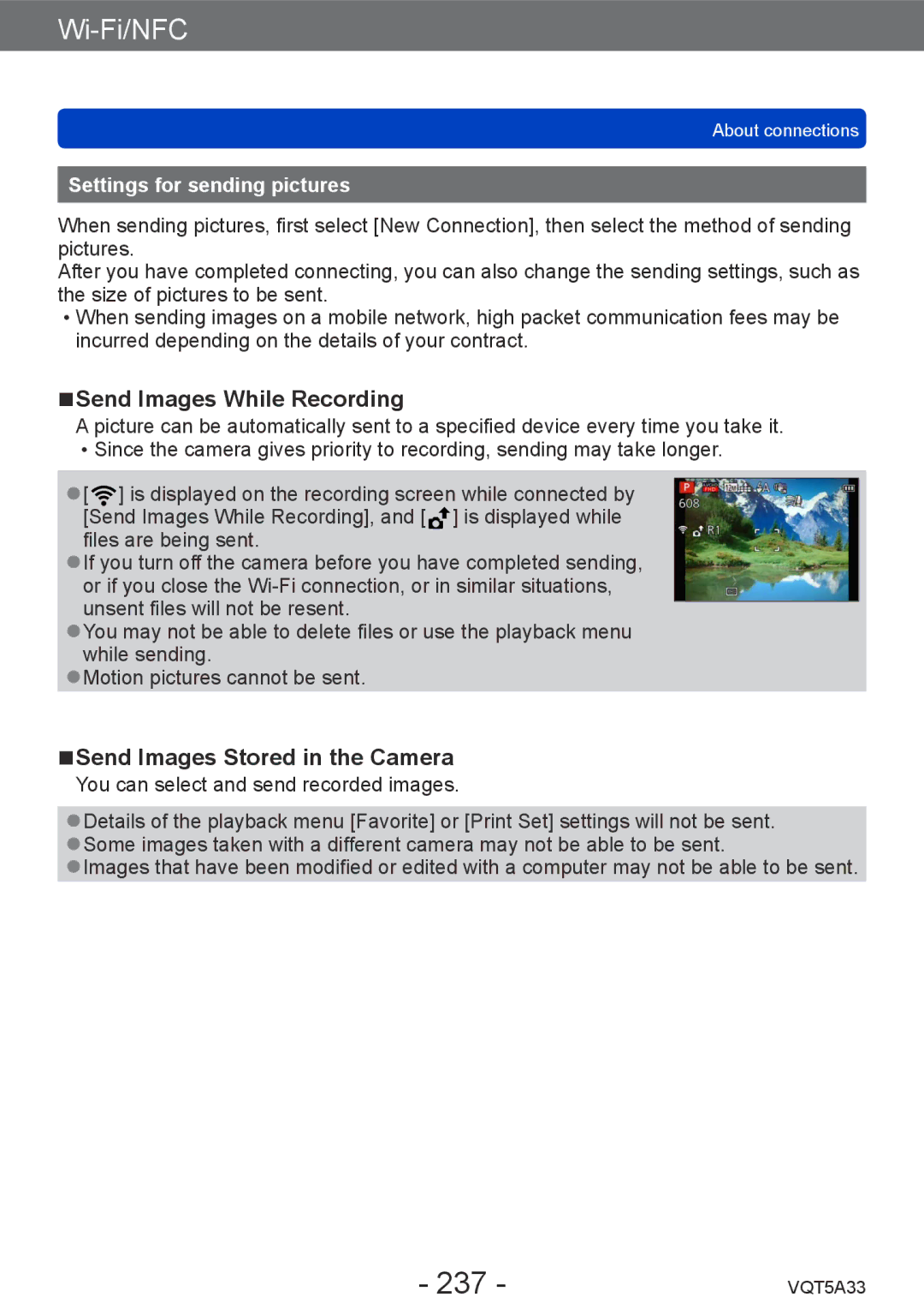 Panasonic DMCLF1W 237, Send Images While Recording, Send Images Stored in the Camera, Settings for sending pictures 