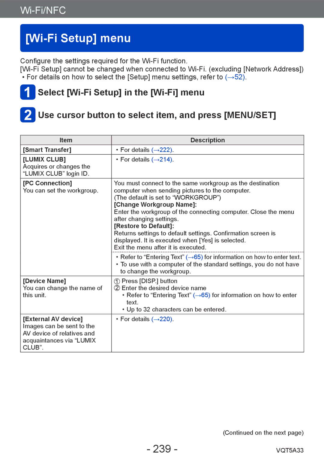 Panasonic DMCLF1W, DMC-LF1K owner manual Wi-Fi Setup menu, 239 