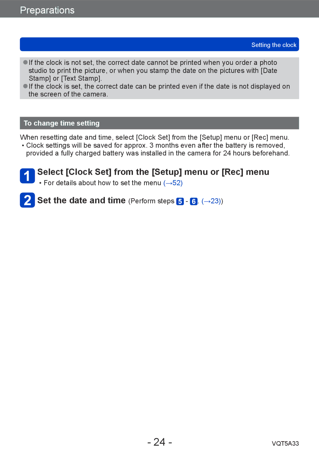 Panasonic DMC-LF1K, DMCLF1W Select Clock Set from the Setup menu or Rec menu, Set the date and time Perform steps . →23 