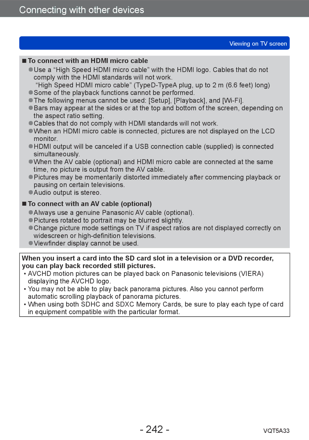 Panasonic DMC-LF1K, DMCLF1W owner manual 242, To connect with an Hdmi micro cable, To connect with an AV cable optional 