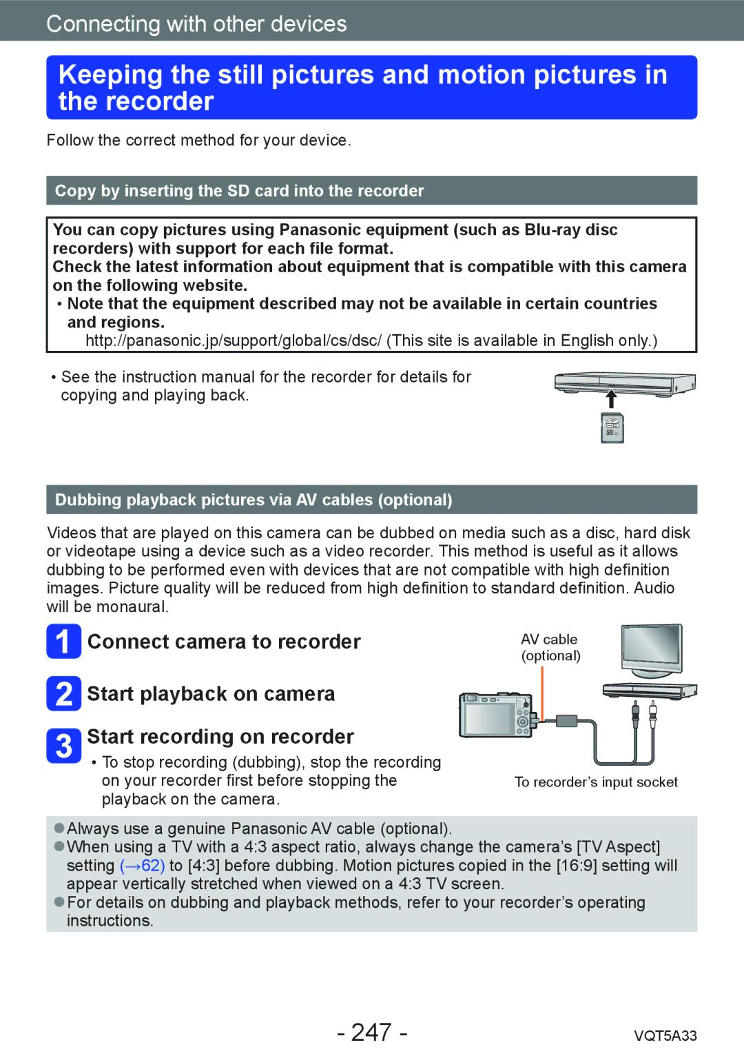 Panasonic DMCLF1W 247, Copy by inserting the SD card into the recorder, Dubbing playback pictures via AV cables optional 