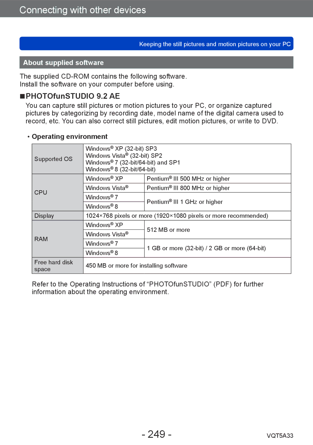 Panasonic DMCLF1W, DMC-LF1K owner manual 249, PHOTOfunSTUDIO 9.2 AE, About supplied software, Operating environment 