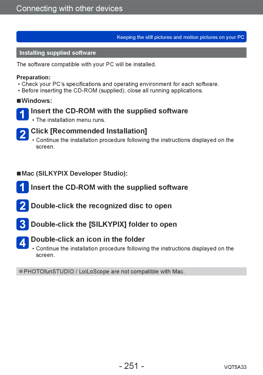 Panasonic DMCLF1W, DMC-LF1K owner manual 251, Windows, Mac Silkypix Developer Studio, Installing supplied software 