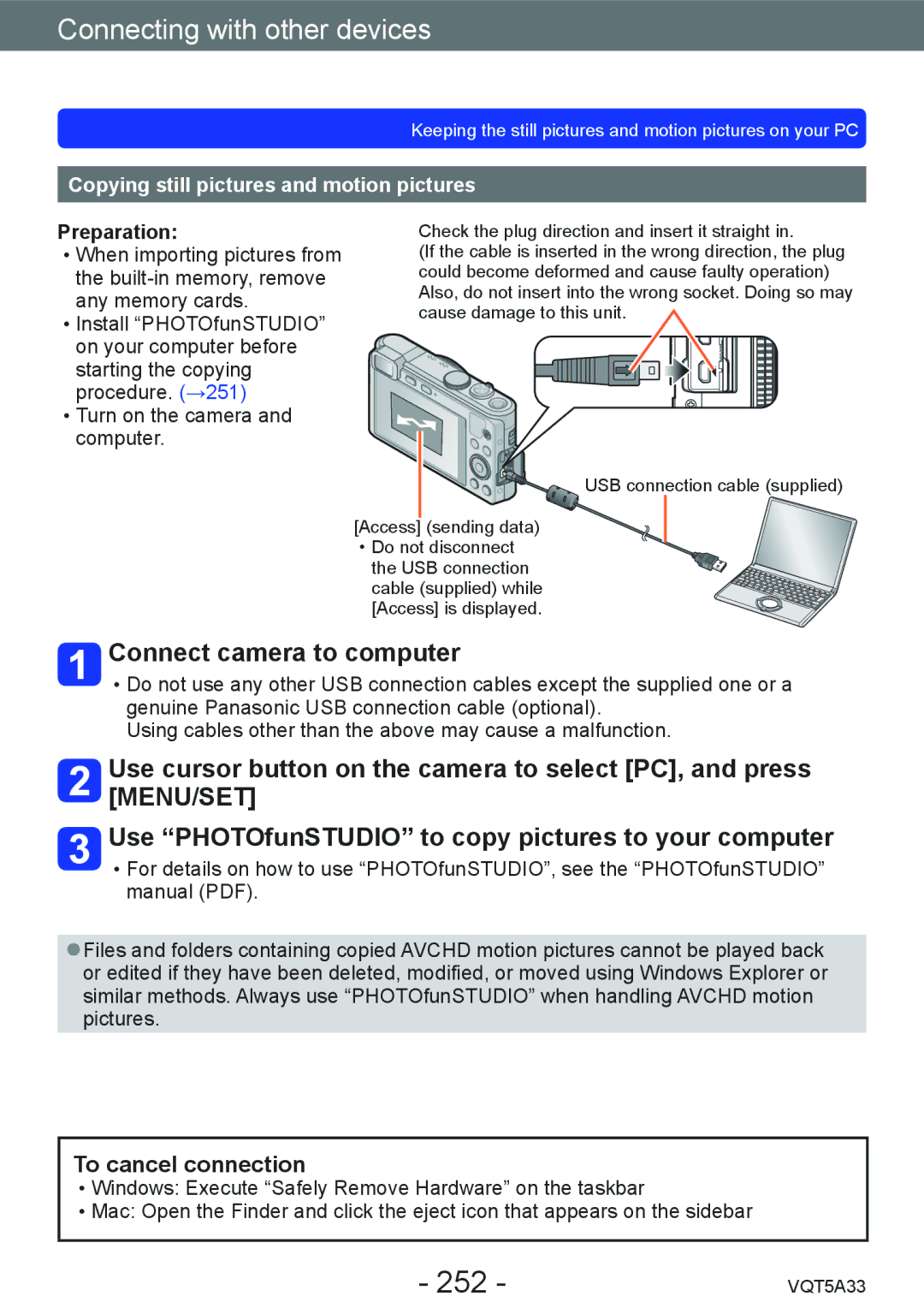 Panasonic DMC-LF1K 252, Connect camera to computer, To cancel connection, Copying still pictures and motion pictures 