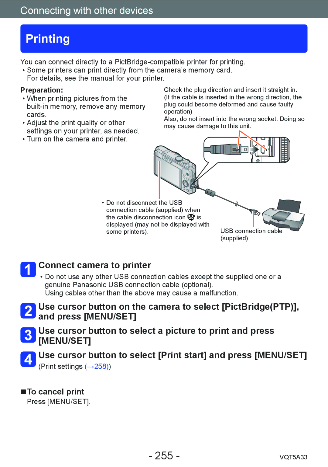 Panasonic DMCLF1W, DMC-LF1K owner manual Printing, 255, Connect camera to printer, To cancel print 