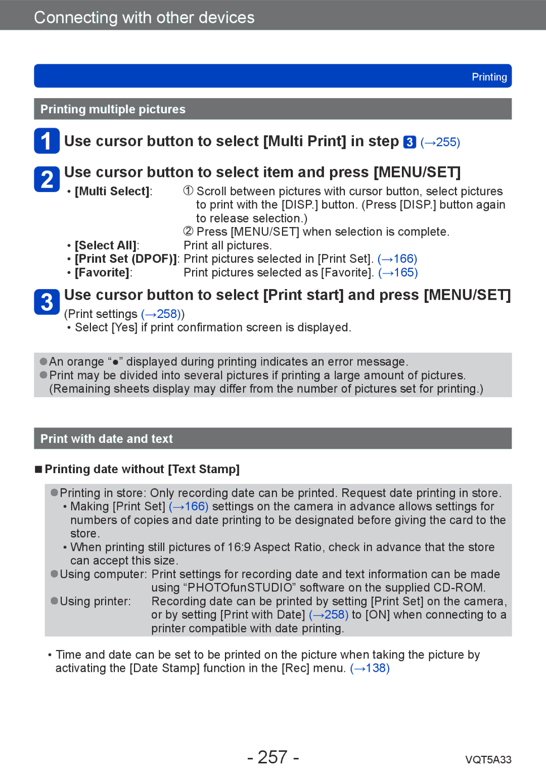 Panasonic DMCLF1W, DMC-LF1K owner manual 257, Printing multiple pictures, Print with date and text 