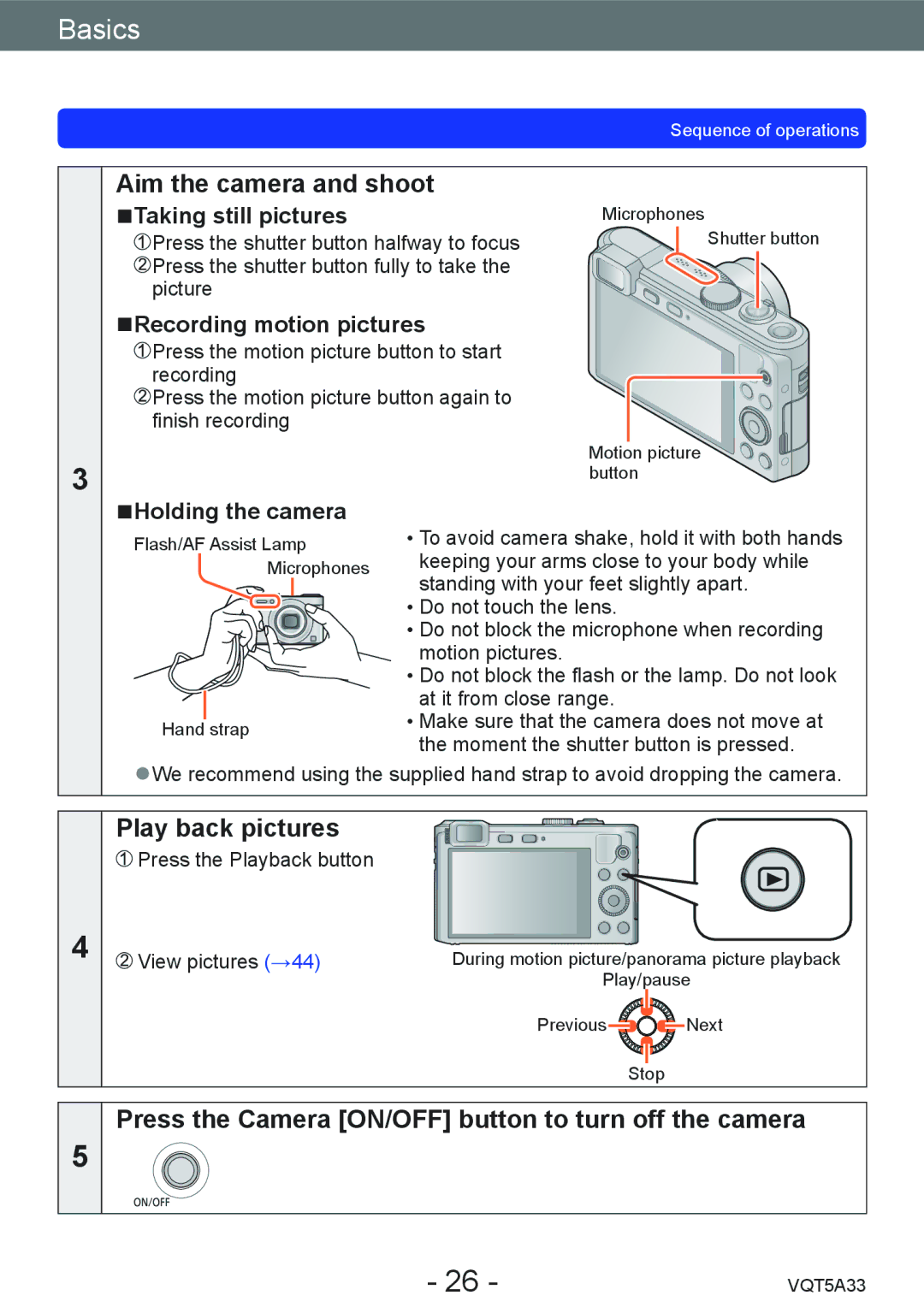 Panasonic DMC-LF1K Aim the camera and shoot, Play back pictures, Press the Camera ON/OFF button to turn off the camera 