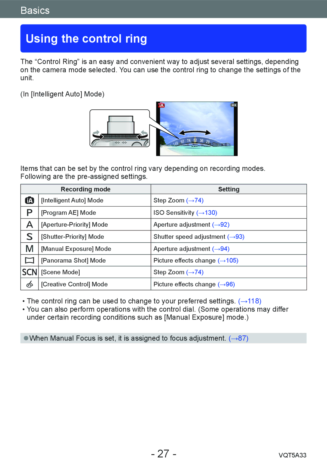 Panasonic DMCLF1W, DMC-LF1K owner manual Using the control ring, Recording mode Setting 