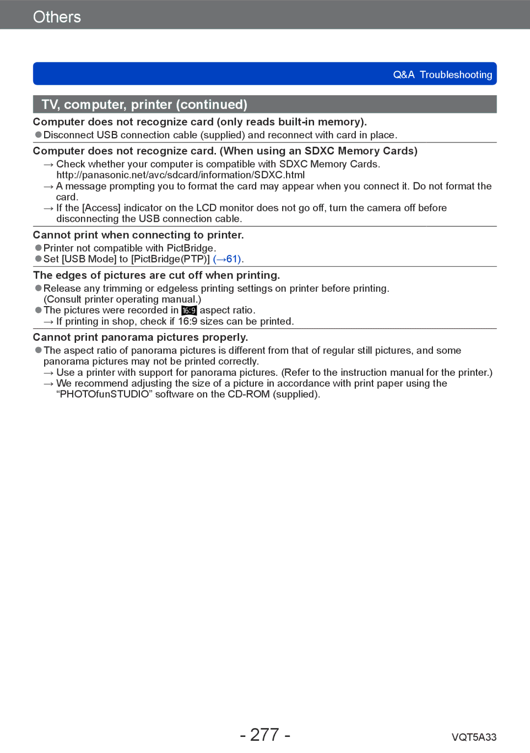 Panasonic DMCLF1W, DMC-LF1K owner manual 277, Computer does not recognize card only reads built-in memory 