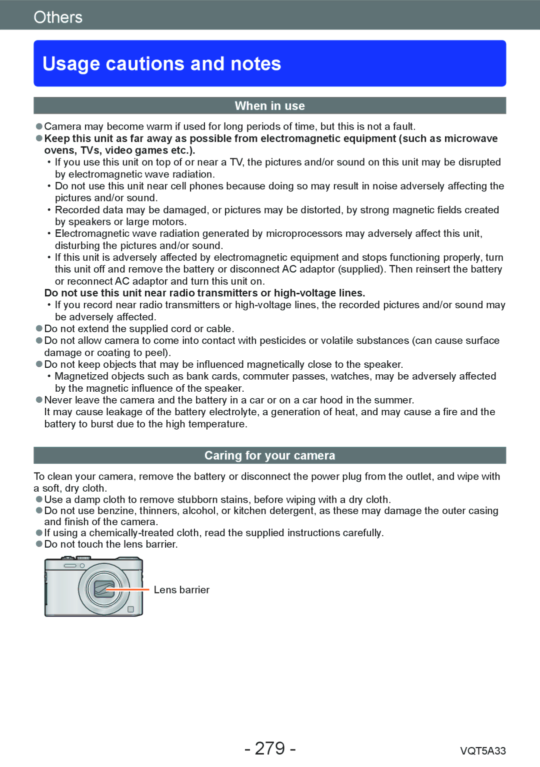 Panasonic DMCLF1W, DMC-LF1K owner manual Usage cautions and notes, 279, When in use, Caring for your camera 