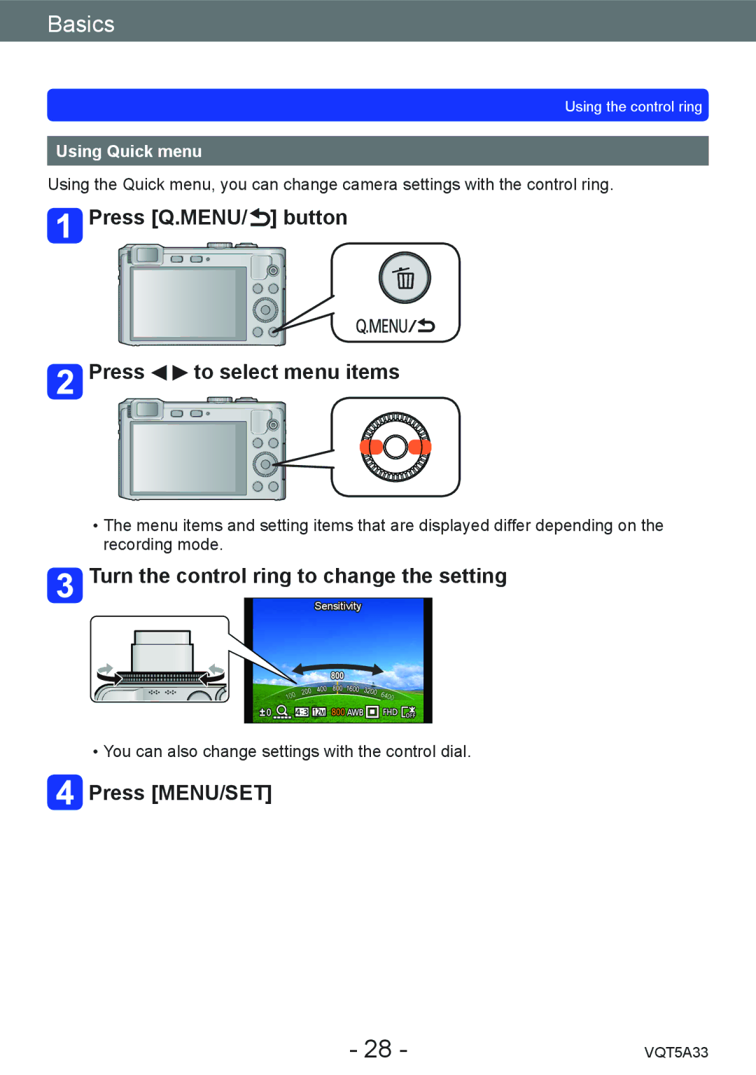 Panasonic DMC-LF1K, DMCLF1W Press Q.MENU/ button Press to select menu items, Turn the control ring to change the setting 