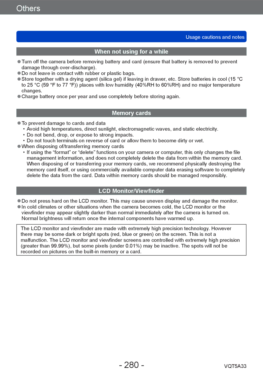 Panasonic DMC-LF1K, DMCLF1W owner manual 280, When not using for a while, Memory cards, LCD Monitor/Viewfinder 