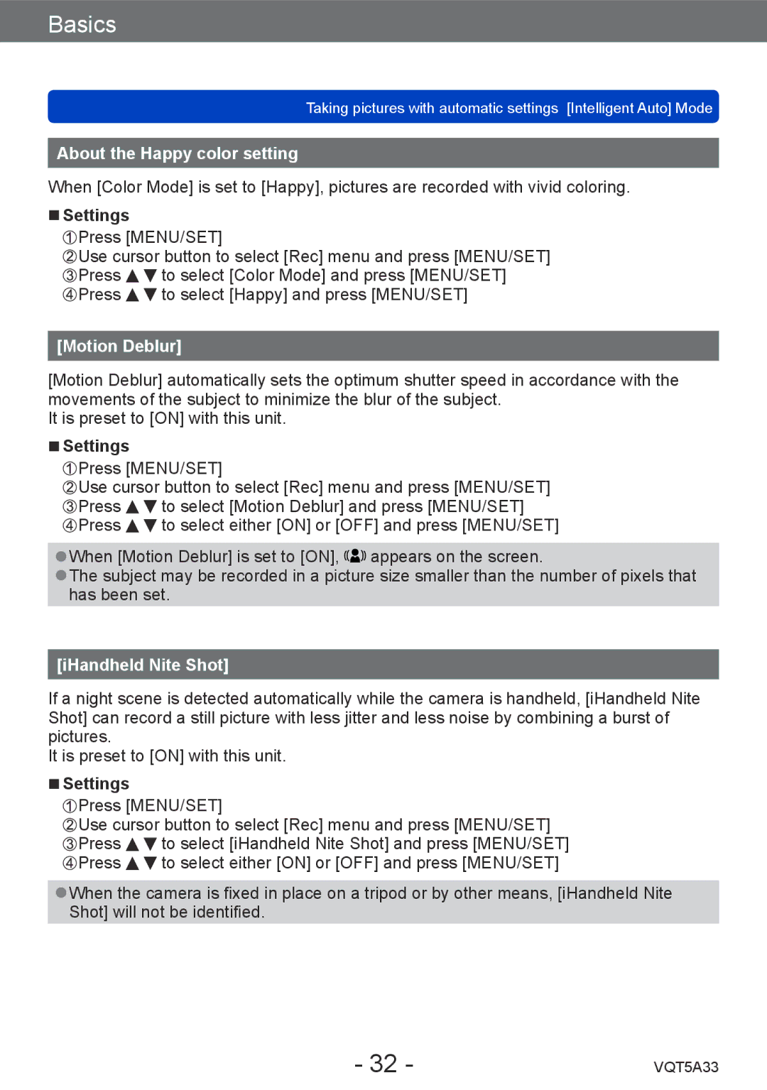 Panasonic DMC-LF1K, DMCLF1W owner manual About the Happy color setting, Settings, Motion Deblur, IHandheld Nite Shot 