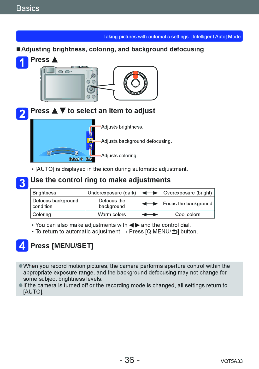 Panasonic DMC-LF1K, DMCLF1W owner manual Press Press to select an item to adjust, Use the control ring to make adjustments 