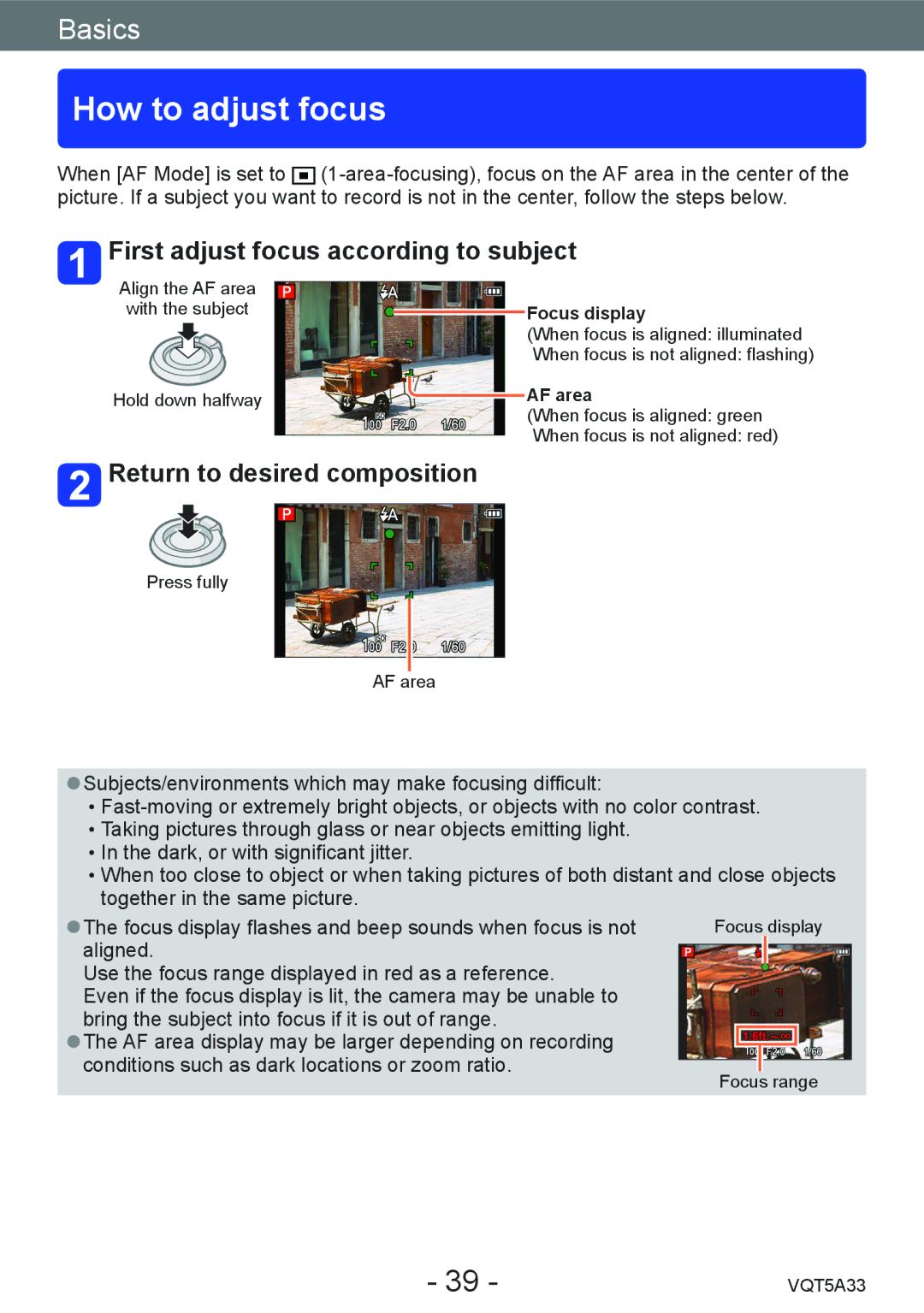 Panasonic DMCLF1W How to adjust focus, First adjust focus according to subject, Return to desired composition, AF area 