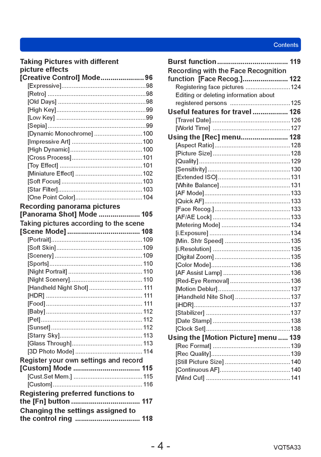 Panasonic DMC-LF1K Taking Pictures with different Picture effects, Recording panorama pictures, 105, 108, 115, 117, 118 